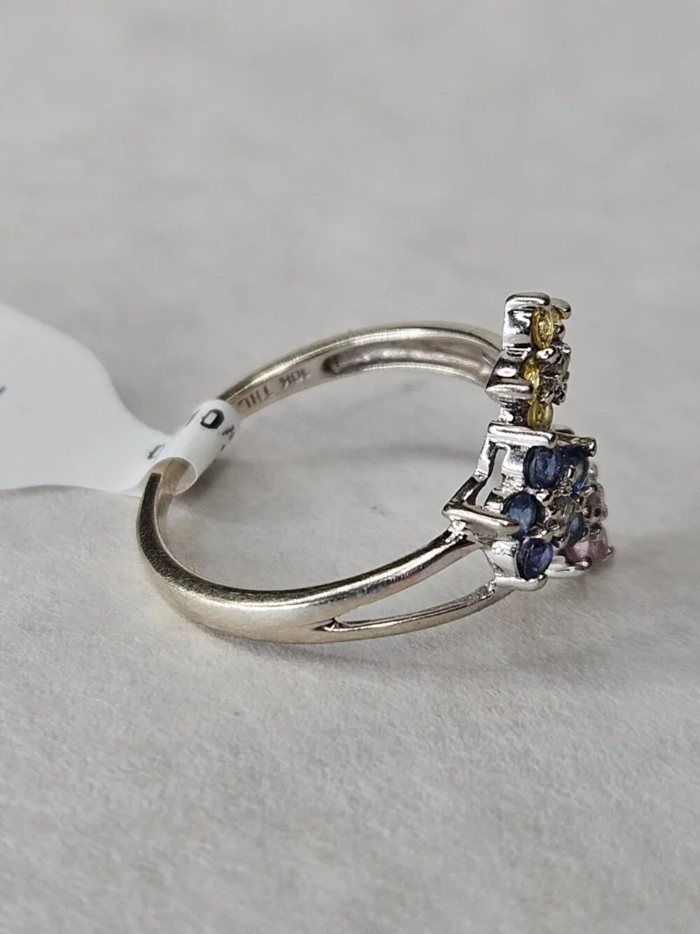 10K White Gold Diamond & Blue Yellow Pink Spinel Cluster Flower Ring Size 7